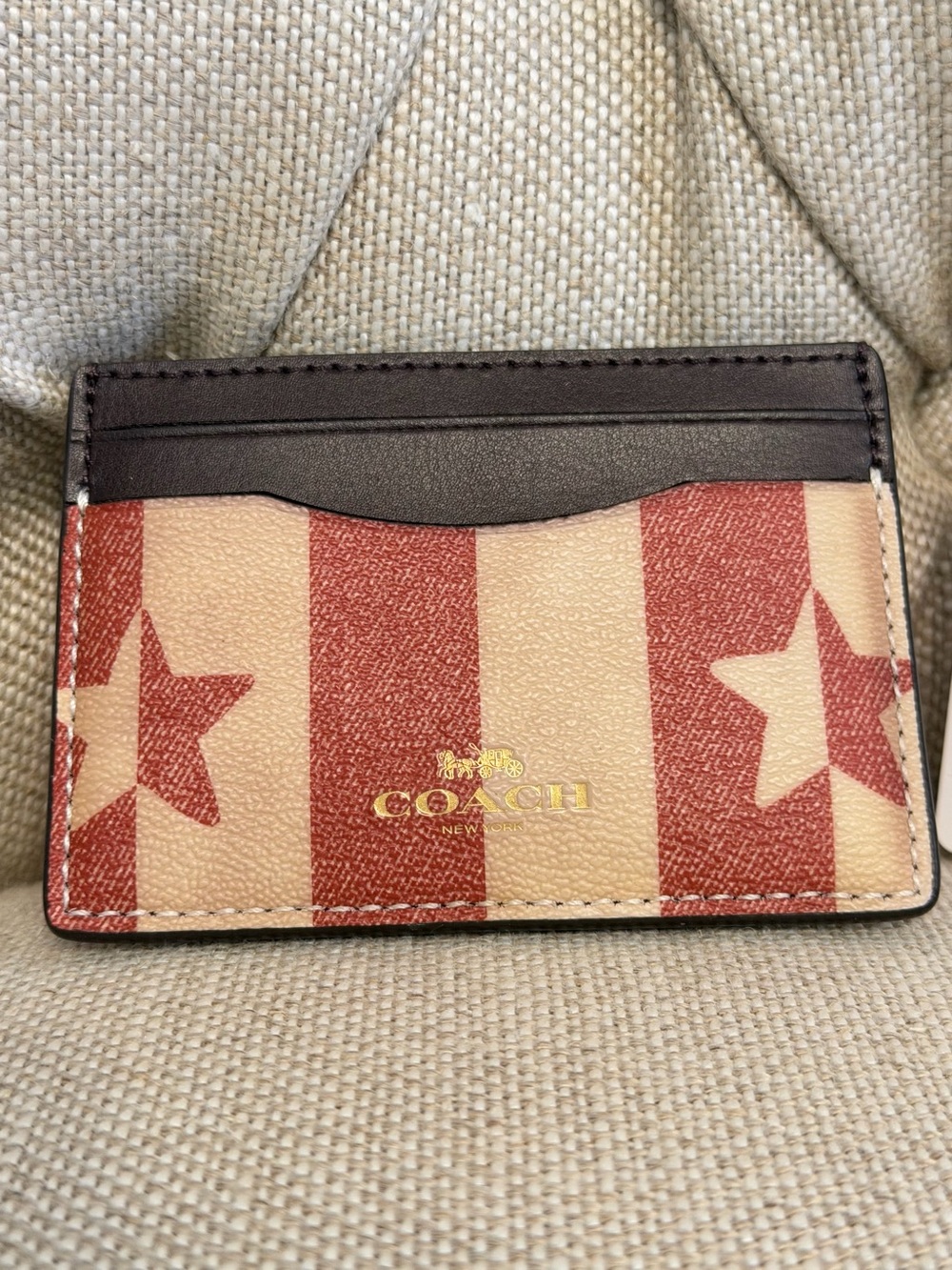 NEW Coach Leather Card Case Slim Flat Holder Star Stripe 3366 White Red